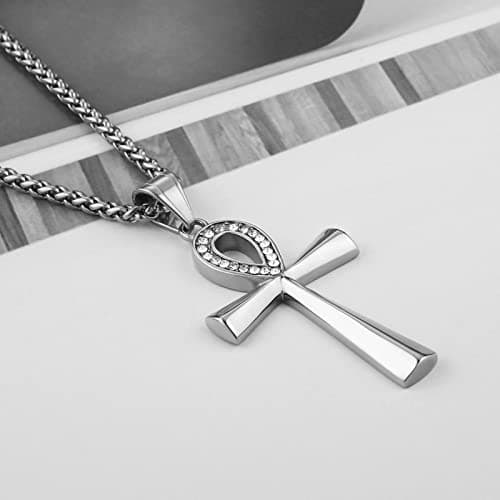 HZMAN Stainless Steel Coptic Ankh Cross Pendant Necklace, 22+2 Rope Chain