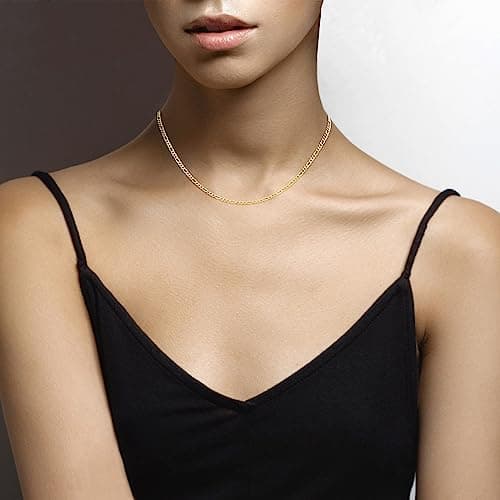 Italian made 18K Gold Over Sterling Silver 3mm Diamond-Cut Figaro Chain Necklace for Women