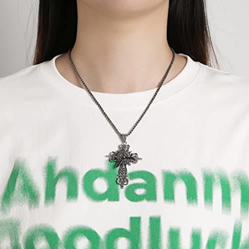 Men's Silver Cross Necklace Stainless Steel Gear Steampunk Pendant
