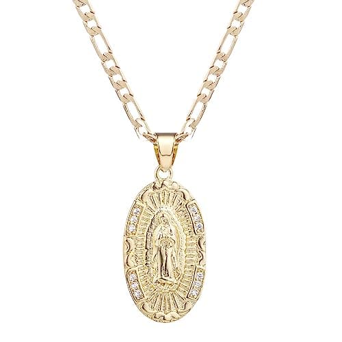Yipima 14K Gold Plated Guadalupe Virgin Mary Pendant Necklace 3mm Figaro Chain 18/22 inches