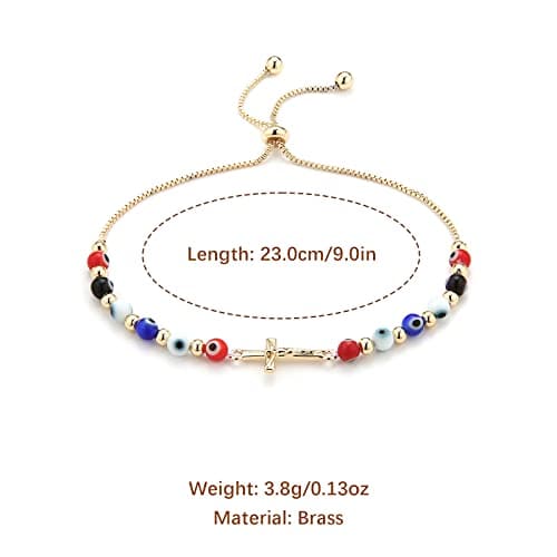Evil Eye Bracelet with Jesus Crucifix Cross, 14K Gold Plated Stretch Bracelet
