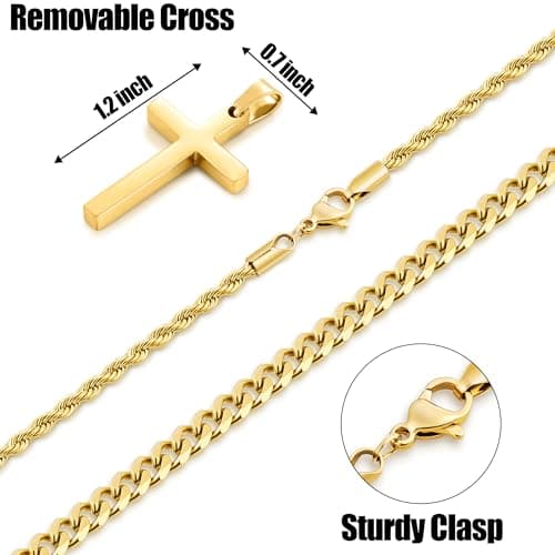 Fiusem Men and Women's Layered Cross Necklaces, Stainless Steel Pendant Chain 16-26 Inch