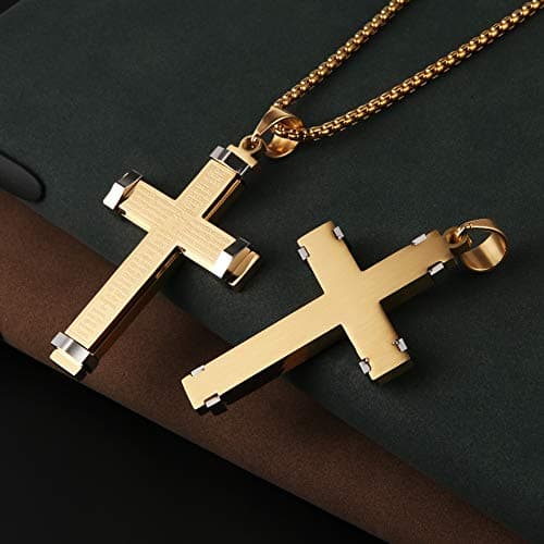 Stainless Steel Men's Large Cross Necklace with Lord's Prayer Pendant