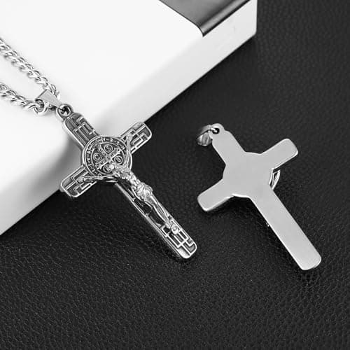 HZMAN Men's Stainless Steel Retro Saint Benedict Cross Pendant Necklace with Cuban Chain
