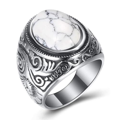 Retro Turquoise Stone Rings for Men, Stainless Steel Signet Biker Band