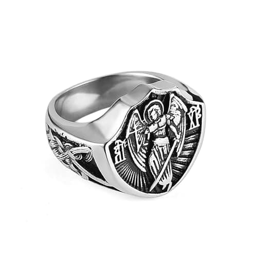 HZMAN Archangel Ring for Men: Stainless Steel Saint Michael Medal Statement Jewelry Gift