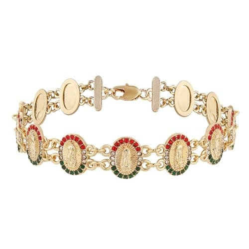 Women's Religious Virgin Mary Bracelet with Cubic Zirconia-Lined Our Lady of Guadalupe Links