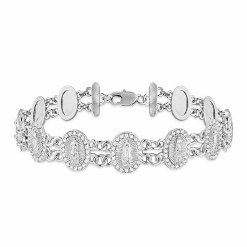 Women's Religious Virgin Mary Bracelet with Cubic Zirconia-Lined Our Lady of Guadalupe Links