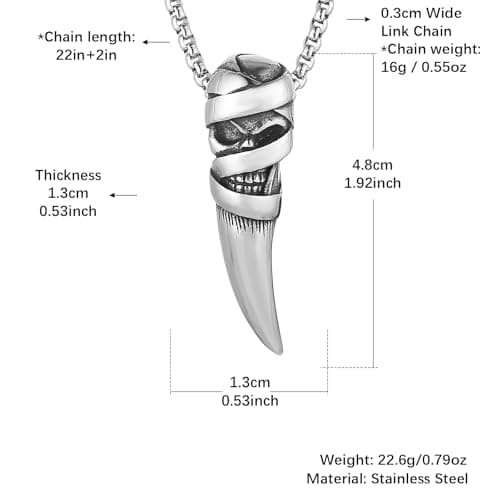 HZMAN Men's Gothic Stainless Steel Skull Wolf Tooth Pendant Necklace