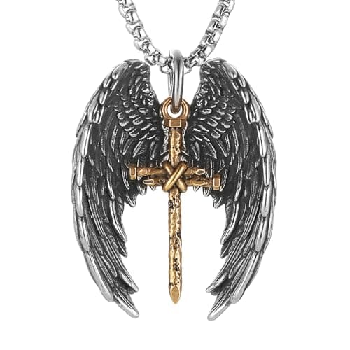 HZMAN Angel Wing Necklace Stainless Steel Gothic Punk Cross Pendant Faith Amulet Jewelry Gift