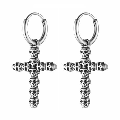 HZMAN Men's Stainless Steel Gothic Punk Skull Cross Earrings