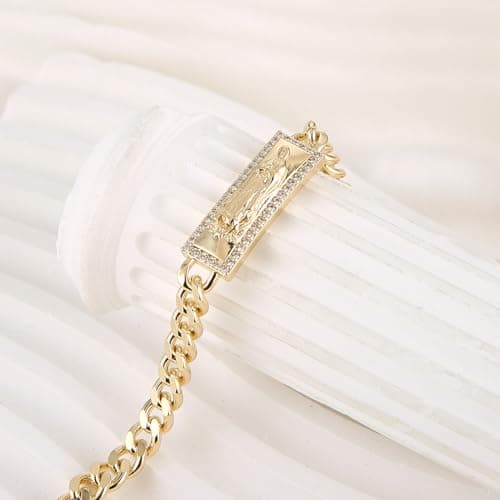 Virgin Mary Bracelet for Women with Cubic Zirconia Gold Plated Link Jewelry