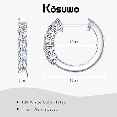 Kosuwo Moissanite Small Hoop Earrings, 18K White Gold Plated, Sterling Silver