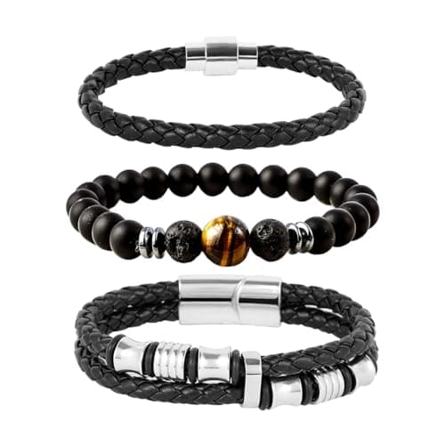 Eigso Wooden Bead PU Leather Cuff Bracelet for Men & Women