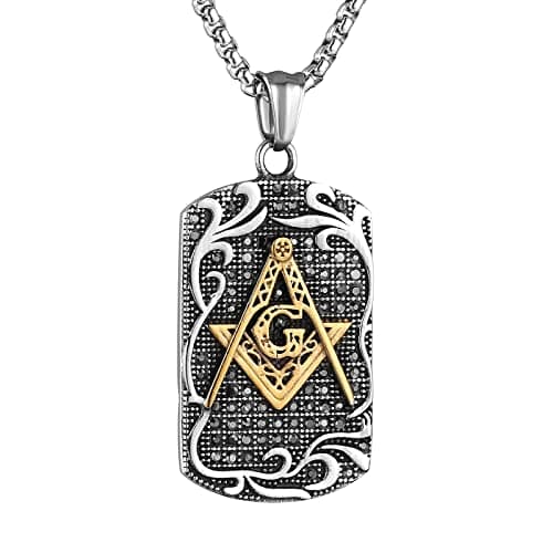 HZMAN Freemason Symbol Stainless Steel Pendant Necklace with Cubic Zirconia