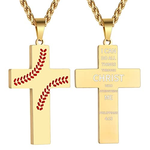 Zcombe Graduation Gift: Boys Men Baseball Cross Necklace, Stainless Steel 24 Inches