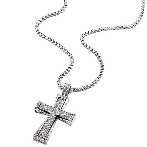 COOLSTEELANDBEYOND Mens & Womens Large Steel Cross Pendant Necklace with Cubic Zirconia