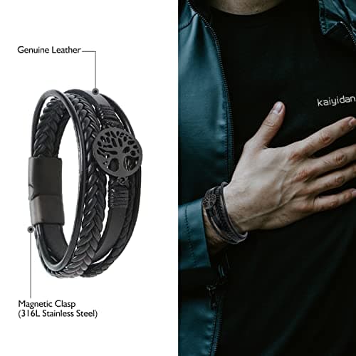 Men's Leather Tree of Life Bracelet with Tiger Eye Beads - Gift for Men