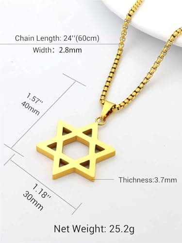 Star of David Necklace, Stainless Steel & Gold Plated, Israel Gift for Men & Women