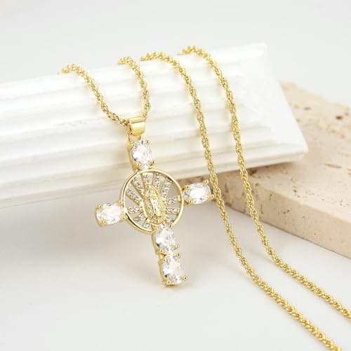 HZMAN Virgin Mary 18K Gold Plated Cubic Zirconia Necklace Jewelry