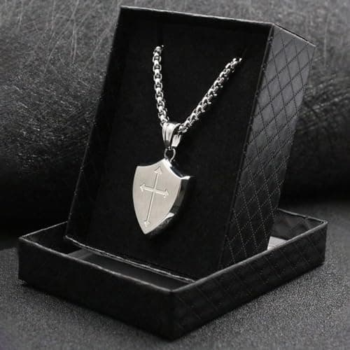 Mens Cross Necklace Shield Armor of God Pendant with Joshua 1:9 Verse in Stainless Steel
