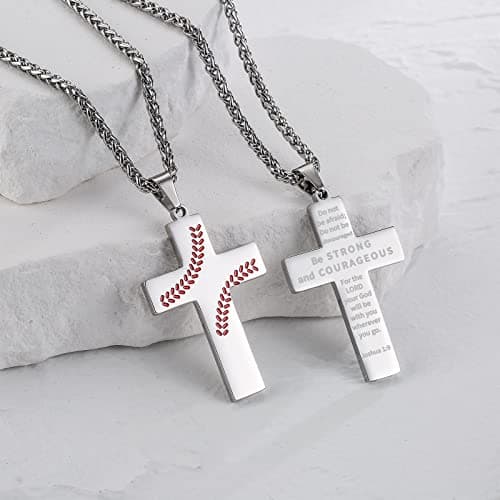 Zcombe Graduation Gift: Boys Men Baseball Cross Necklace, Stainless Steel 24 Inches