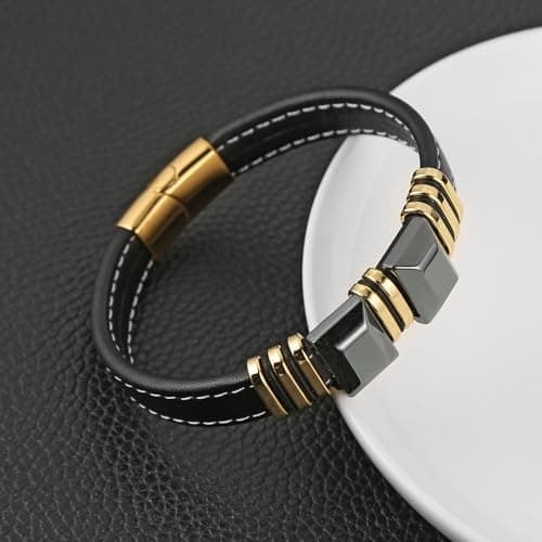HZMAN Men's Minimalist Stainless Steel Hematite Bracelet, 8.5 İnch Genuine Leather