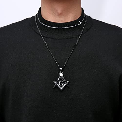 HZMAN Mens Freemason Symbol Cubic Zirconia Pendant Necklace 22+2 inch Chain