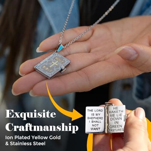 SHOP LC Holy Bible Pendant Cross Necklace - Stainless Steel Christian Jewelry for Women