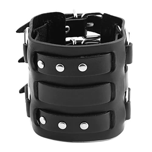 HZMAN Silver Tone Men's Alloy Bracelet with Genuine Leather Cuff Adjustable