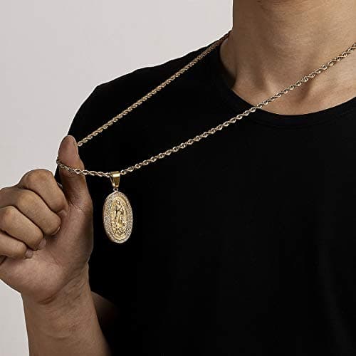 ROWIN&CO Mens 18K Gold Micro Pave Virgin Mary CZ Pendant with Gold Chain