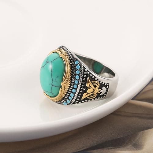 HZMAN Large Tiger Eye & Turquoise Gothic Wedding Ring Size 7-14