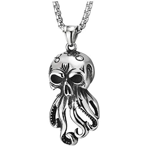 COOLSTEELANDBEYOND Vintage Octopus Skull Pendant Necklace with 30in Wheat Chain, Gothic Punk