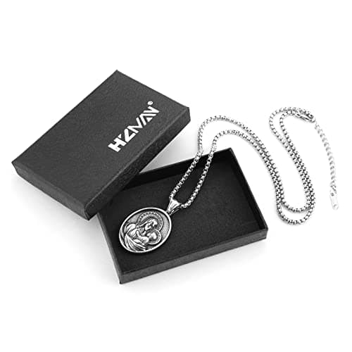 HZMAN Virgin Mary and Jesus Medal Necklace - Retro Religious Stainless Steel Christian Pendant for Men and Women