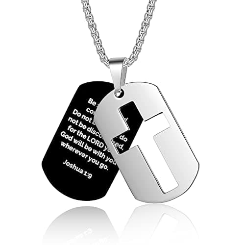 ZRAY Men's Stainless Steel Chain Dog Tag Necklace with Bible Verse Cross Pendant