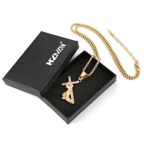 HZMAN Men's Gold Stainless Steel Crucifix Necklace with Jesus Pendant