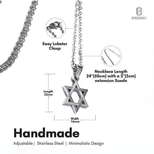 Baronyka Men's Stainless Steel Star of David Necklace, 24" with Extension