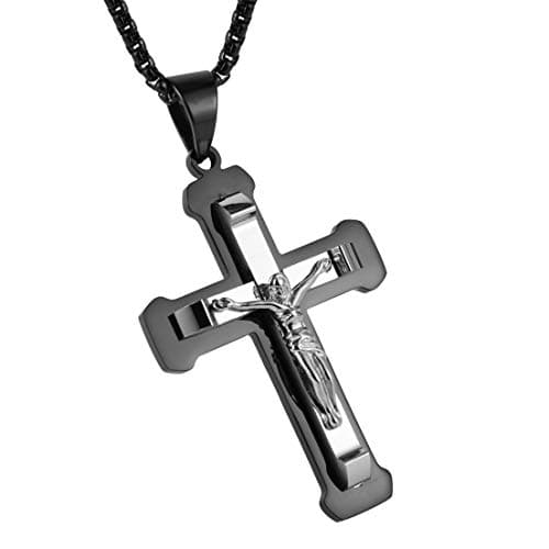 HZMAN Stainless Steel Cross Pendant Necklace for Men, Silver Gold Black Multicolor, 22 Inch Chain
