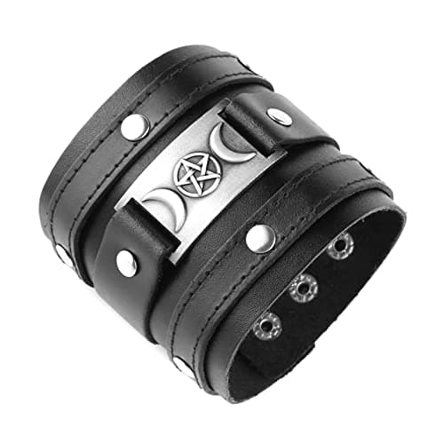 HZMAN Black Leather Viking Inspired Wide Cuff Bracelet for Men