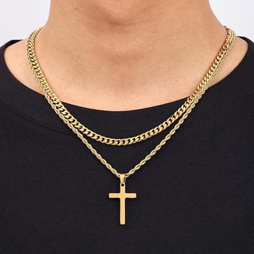 Fiusem Men and Women's Layered Cross Necklaces, Stainless Steel Pendant Chain 16-26 Inch