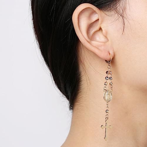 HZMAN Gold Cross Dangle Earrings for Women Virgin Mary