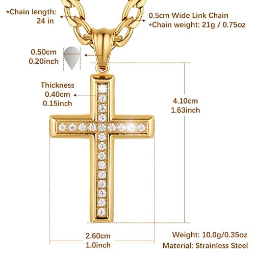 Gold-Plated CZ Cross Necklace for Men and Women - 24 Inch Chain