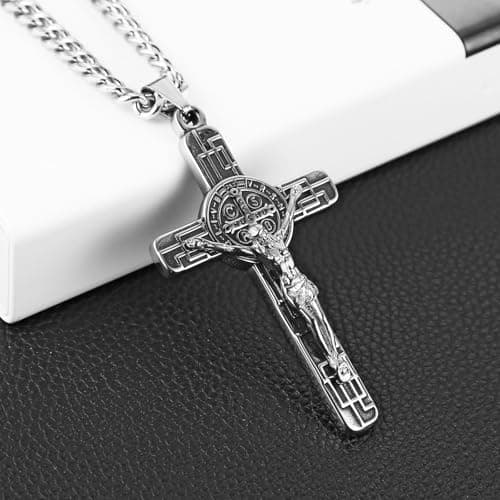 HZMAN Men's Stainless Steel Retro Saint Benedict Cross Pendant Necklace with Cuban Chain