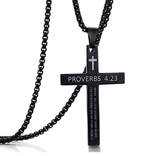 Stainless Steel Proverbs 4:23 Cross Pendant Necklace Black Gold Silver Chain