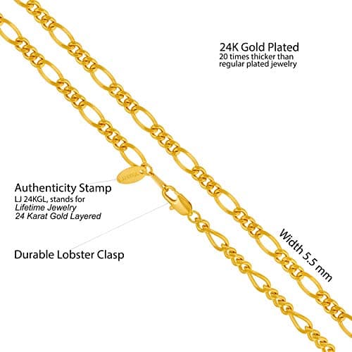 24k Real Gold Plated 5.5mm Figaro Chain Necklace