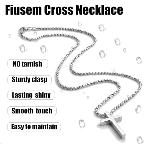 Fiusem Men's Silver/Gold/Black Cross Necklaces 2.5mm Chain, 16-24 Inch Box Chain