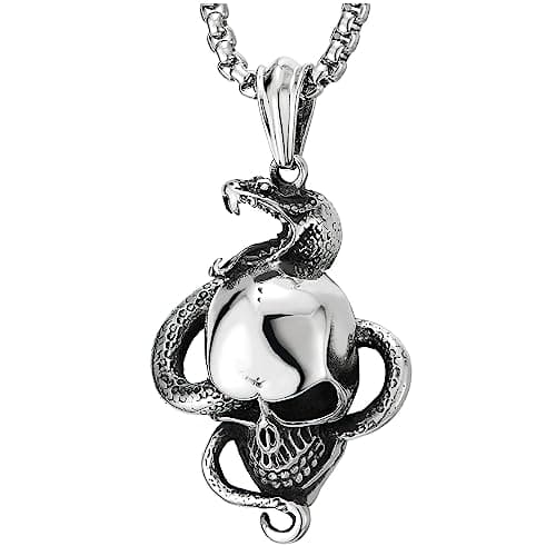 COOLSTEELANDBEYOND Men's Stainless Steel Snake Skull Pendant Necklace, Punk, 30 Inches Wheat Chain