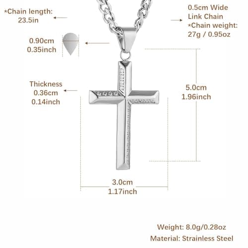 HZMAN Men's Stainless Steel Cross Pendant Necklace with Cubic Zirconia 5mm Cuban Chain 24 Inch