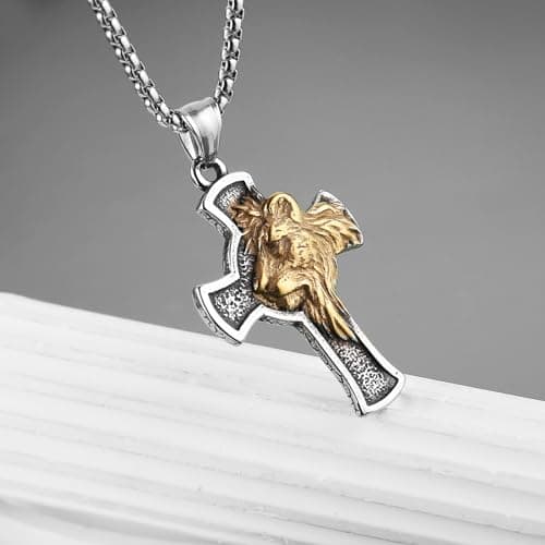 HZMAN Men's Gothic Lion Head Stainless Steel Cross Necklace with 24in Chain