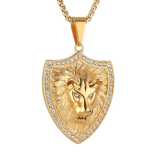 HZMAN 18K Gold Plated Lion Head Necklace for Men Stainless Steel Jewelry
